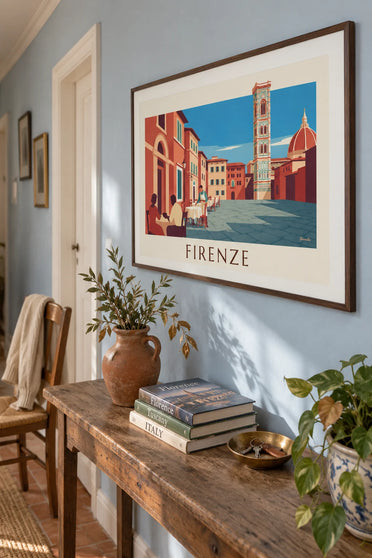 Plakat med caféterrasse foran Duomo i Firenze: indrammet på væggen