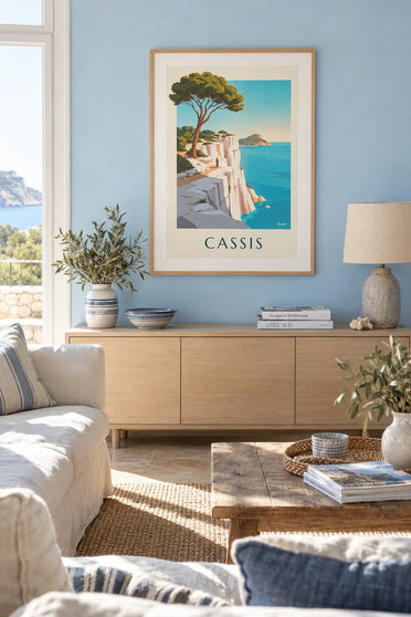 Affiche falaises, pin parasol et cap Canaille à Cassis : encadrée au mur
