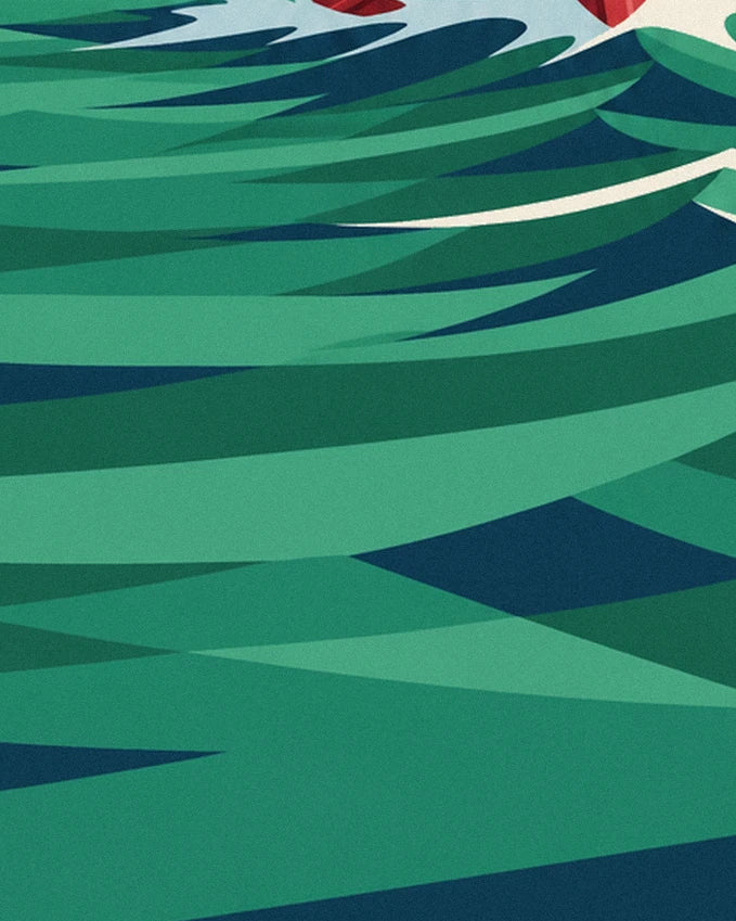 Green and dark blue swells crossed by long streaks of white foam