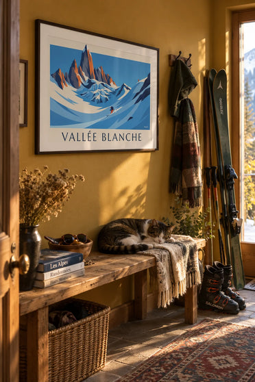 Plakat med off-piste skiløber på Vallée Blanche-gletsjeren: indrammet på væggen