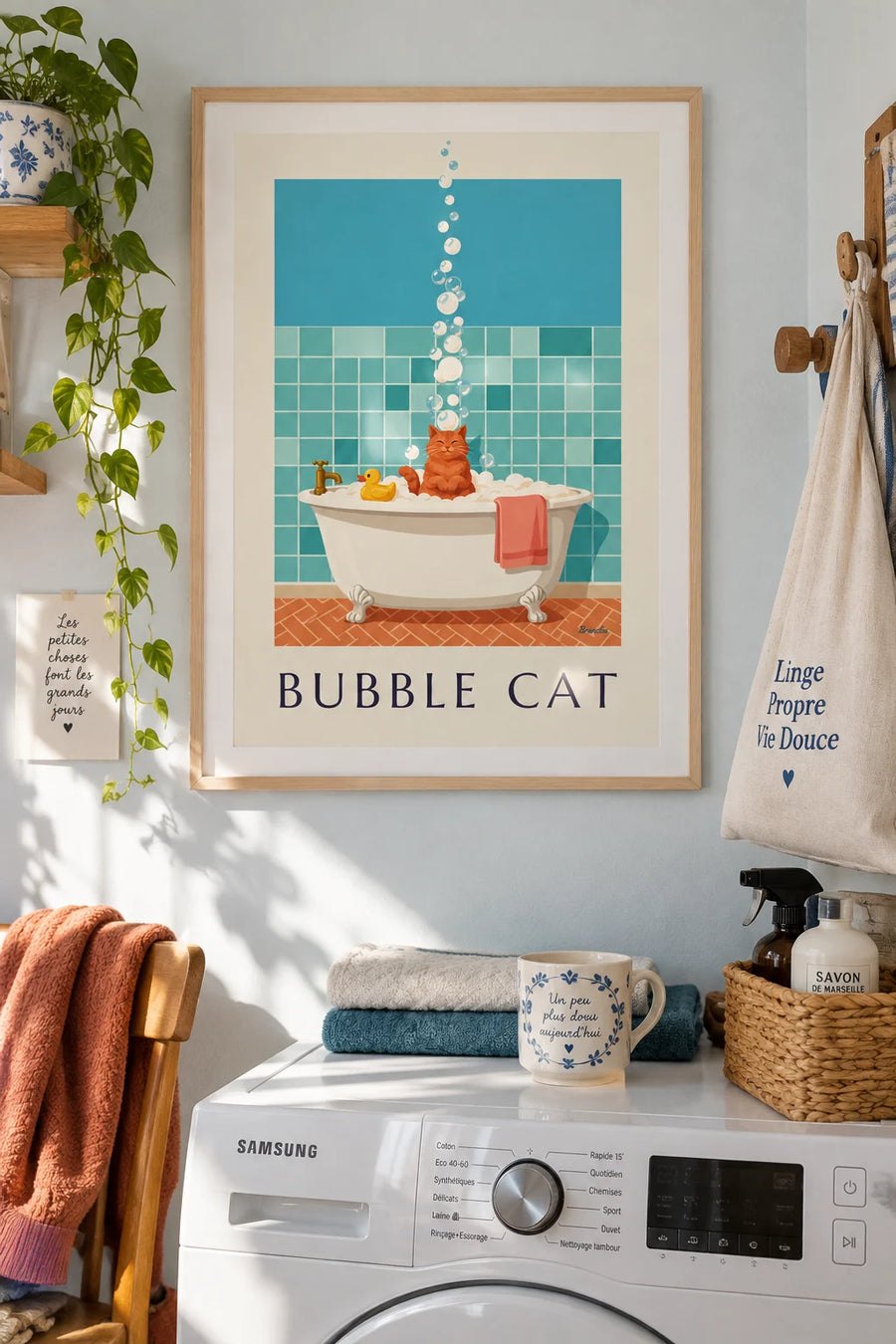 Poster of a cat in a bathtub full of bubbles: framed on the wall