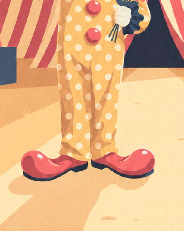 Les grands souliers rouges et le pantalon à pois du clown, sur le sable doré