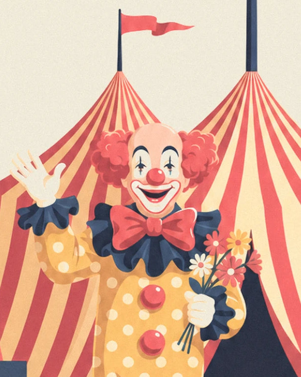 Le clown à pois jaunes qui salue, son gros nœud rouge et son bouquet de fleurs