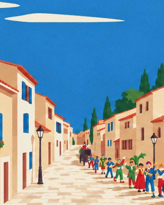 The colourful parade in the village street, between the houses and black street lamps