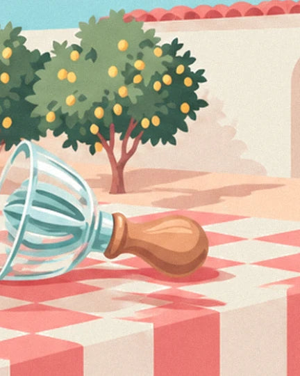 A glass lemon squeezer with a wooden handle on the pink checked tablecloth in front of a lemon tree