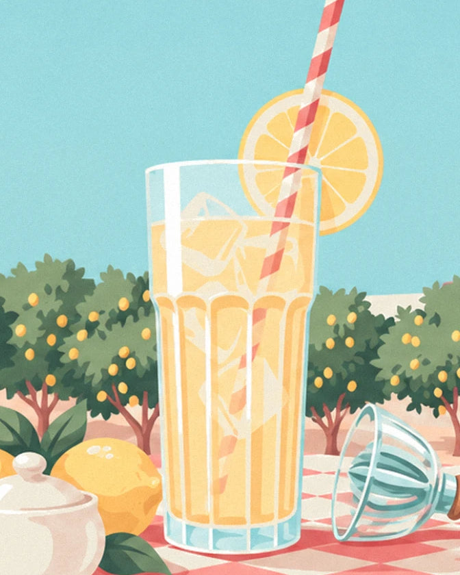 The tall glass of iced lemonade with its pink striped straw and lemon slice