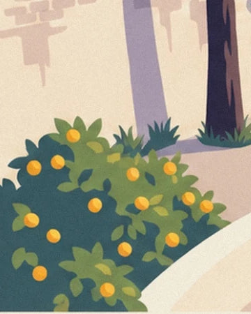 Yellow lemons among green leaves at the foot of the cream wall and tree trunks