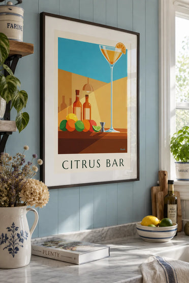 Poster of a cocktail bar, crystal coupe glass and citrus fruits: framed on the wall