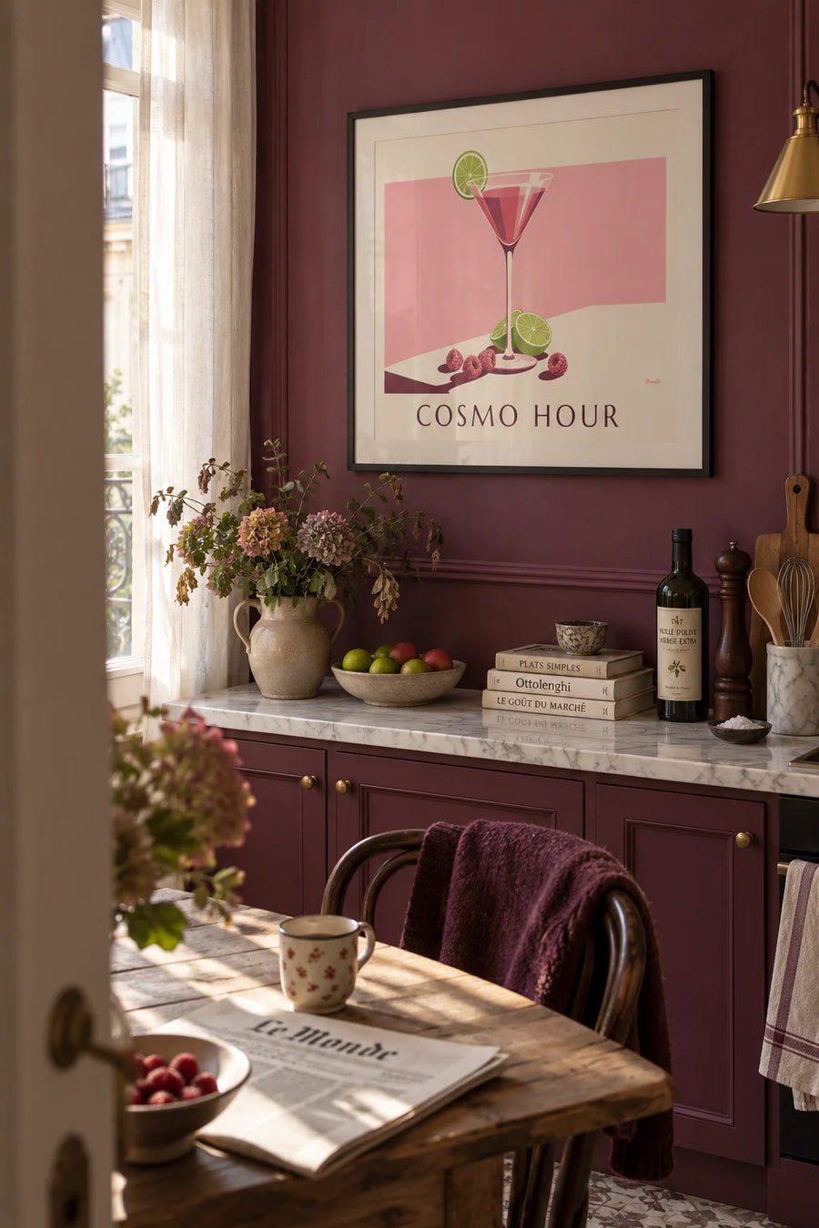 Raspberry and lime Cosmopolitan cocktail poster: framed on the wall