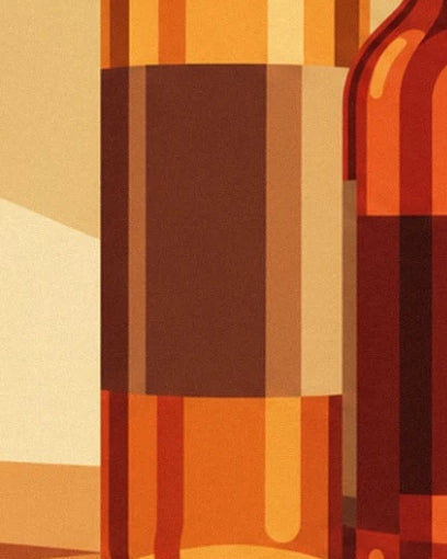 Des bouteilles ambrées aux reflets dorés et aux larges étiquettes brunes
