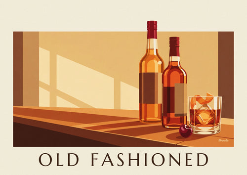 Plakat med Old Fashioned-cocktail i krystalglas på en træbar: hele plakaten