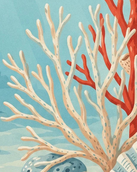 A cream coral with blue-dotted branches in front of a red coral