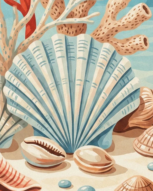 A pale blue fan-shaped shell and two small seashells on the sand