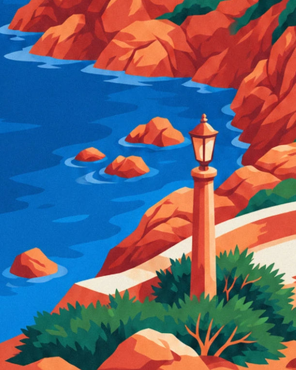 The lamppost by the water, facing orange rocks rising from the sea