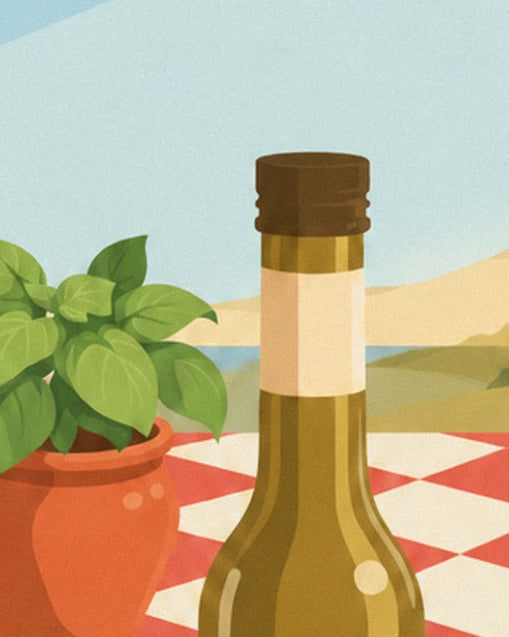 Bouteille d'huile d'olive et pot de basilic en terre cuite, sur la nappe à carreaux rouges