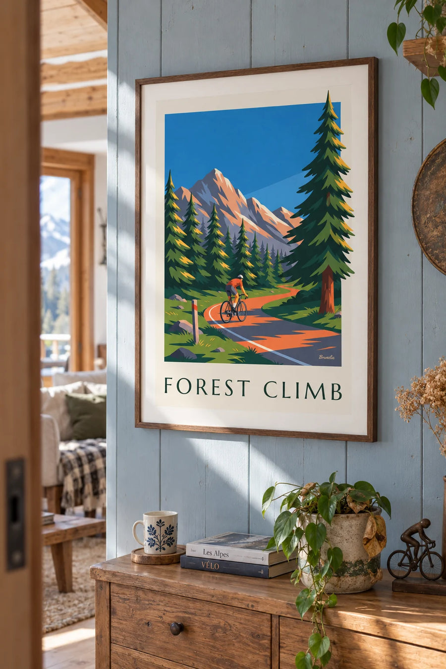 Cycling in the mountains and forest poster: framed on the wall