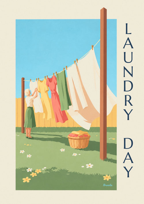 Poster of laundry day with white linens drying in the sun: the full poster