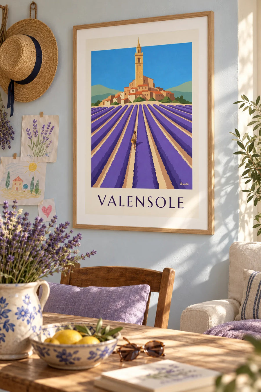 Poster of lavender rows and the hilltop village of Valensole: framed on the wall