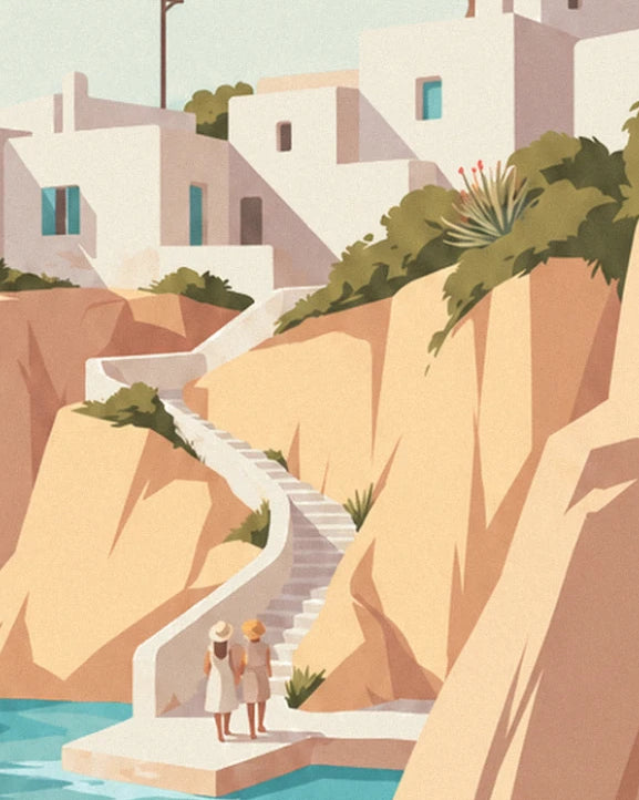 The white staircase descending the ochre cliff, with 2 women in hats walking by the water