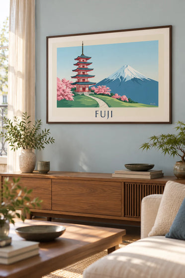 Plakat med Chureito-pagoden foran Fuji og kirsebærtræer: indrammet på væggen