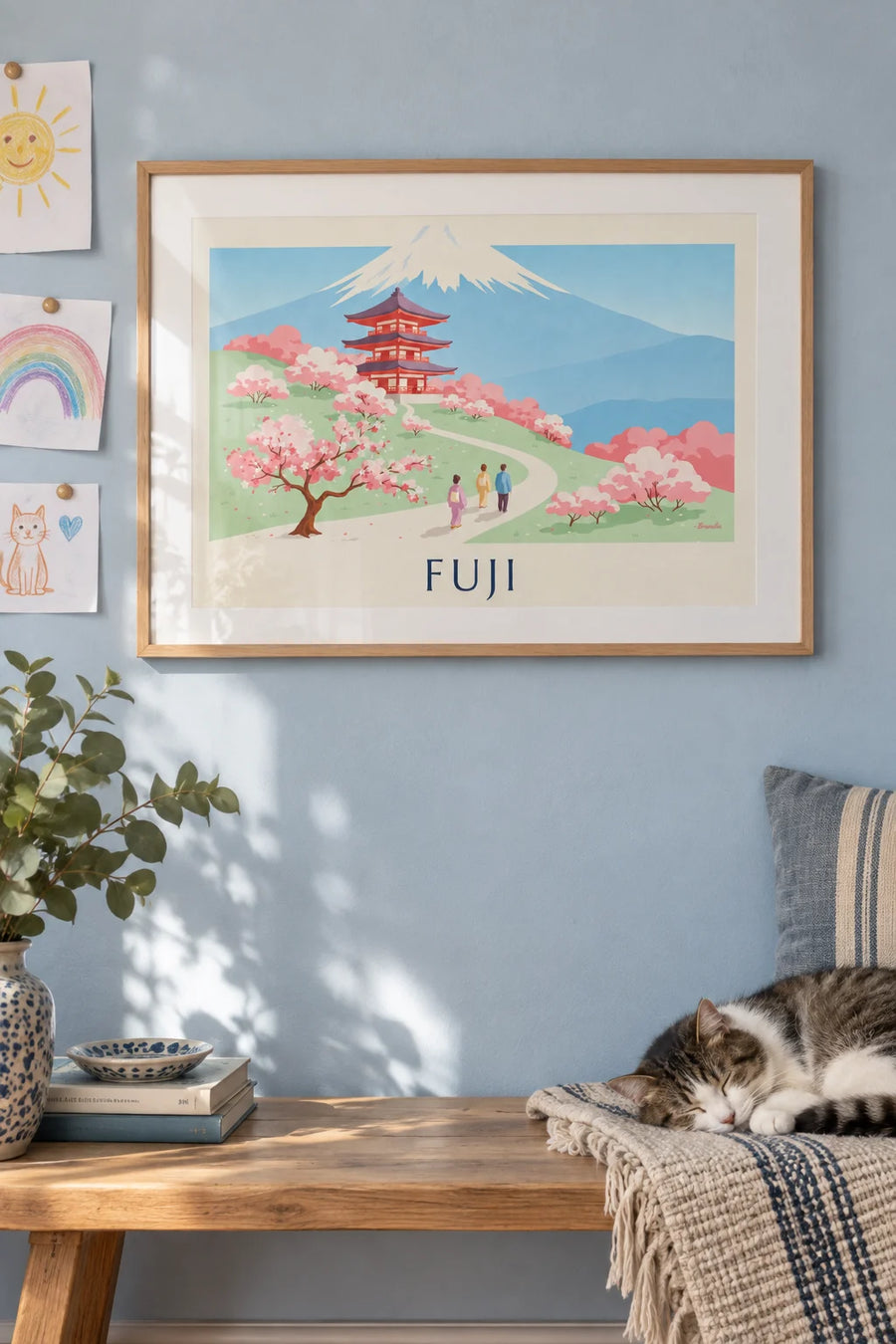 Affiche pagode Chureito face au mont Fuji et cerisiers : encadrée au mur