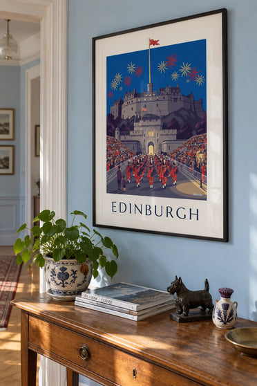 Affiche château d'Édimbourg et Military Tattoo de nuit : encadrée au mur