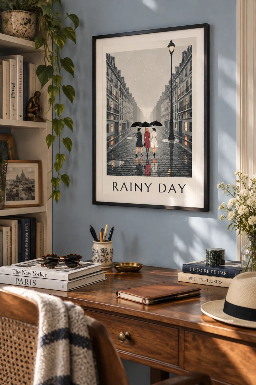 Affiche 3 femmes sous la pluie avec parapluies noirs : encadrée au mur