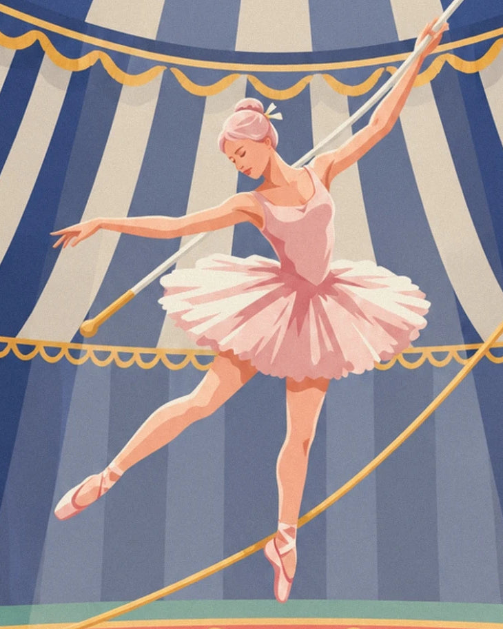 La funambule en tutu rose sur son fil doré, sous le chapiteau rayé bleu et crème