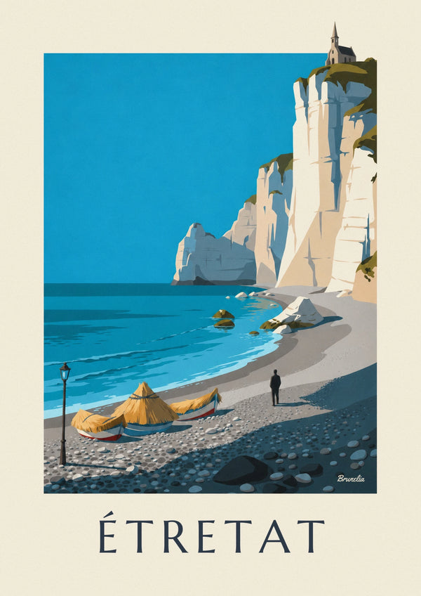 Affiche plage de galets et caloges d’Étretat sous la falaise d’Amont