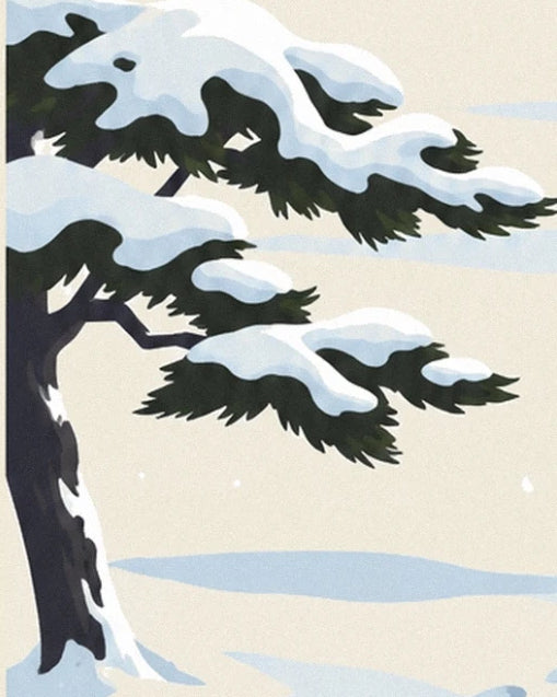 Les branches sombres d’un pin chargées de neige, au-dessus du sol enneigé