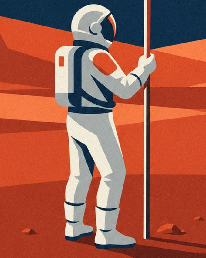 Un astronaute en combinaison blanche tenant un mât sur le sol rouge de Mars