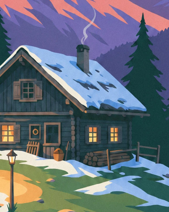 The log chalet with lit windows, a snowy roof and rising smoke beneath the purple peaks