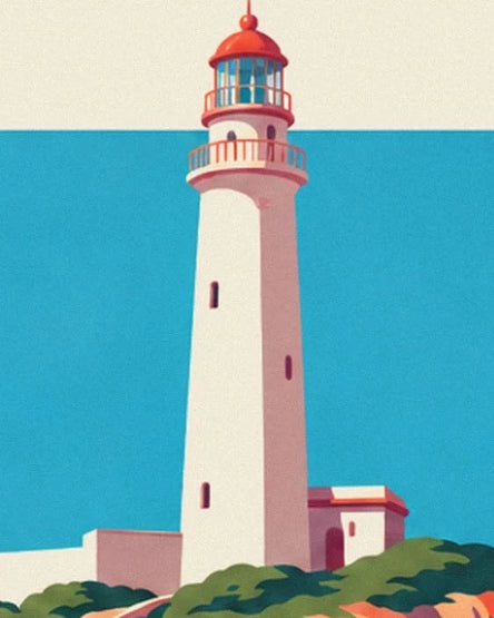 Le phare blanc à la lanterne rouge, dressé devant la mer turquoise