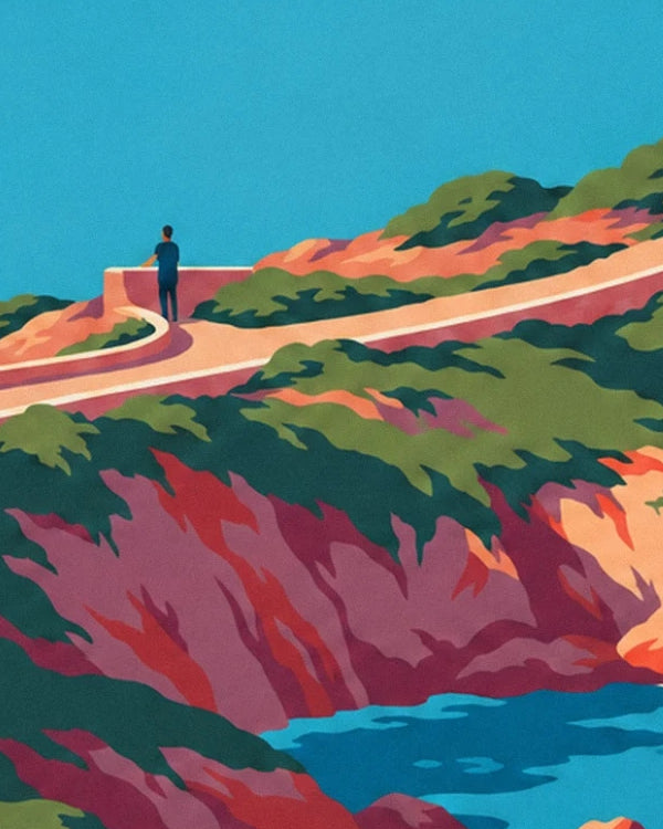 Une silhouette au parapet de la route, au-dessus des falaises roses et végétalisées