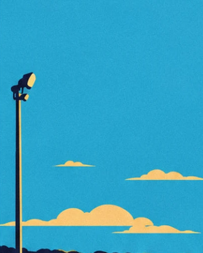 The dark floodlight mast and golden clouds in a turquoise-blue sky