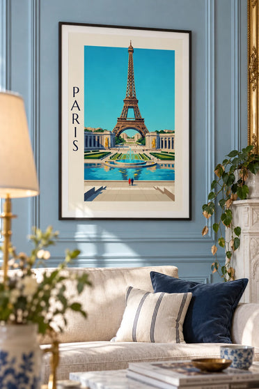 Affiche palais de Chaillot et fontaines du Trocadéro à Paris : encadrée au mur