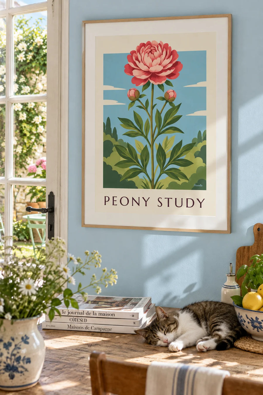 Pink peony botanical plate poster: framed on the wall