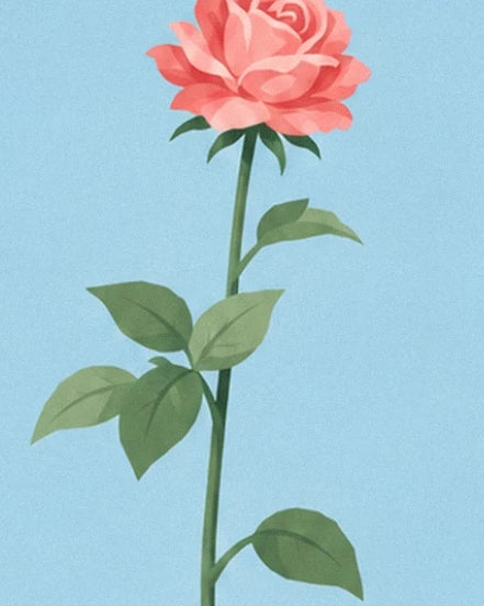 Une rose rose épanouie sur une longue tige aux feuilles vertes, sur fond bleu