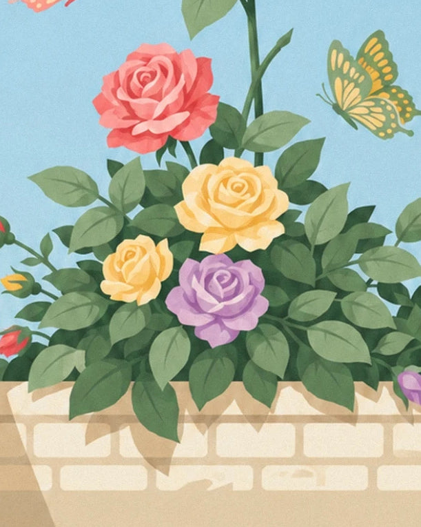 Des roses roses, jaunes et mauves près d’un papillon aux ailes jaunes et vertes
