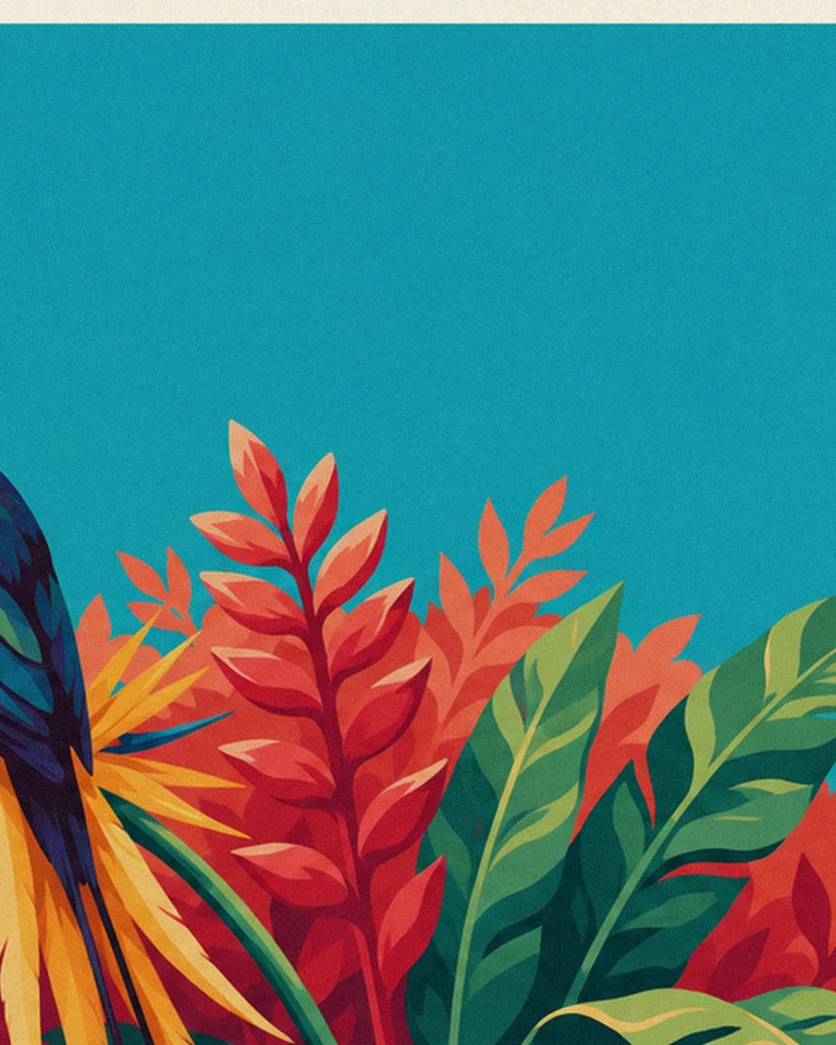 Bird of paradise among tropical flowers poster: close-up detail