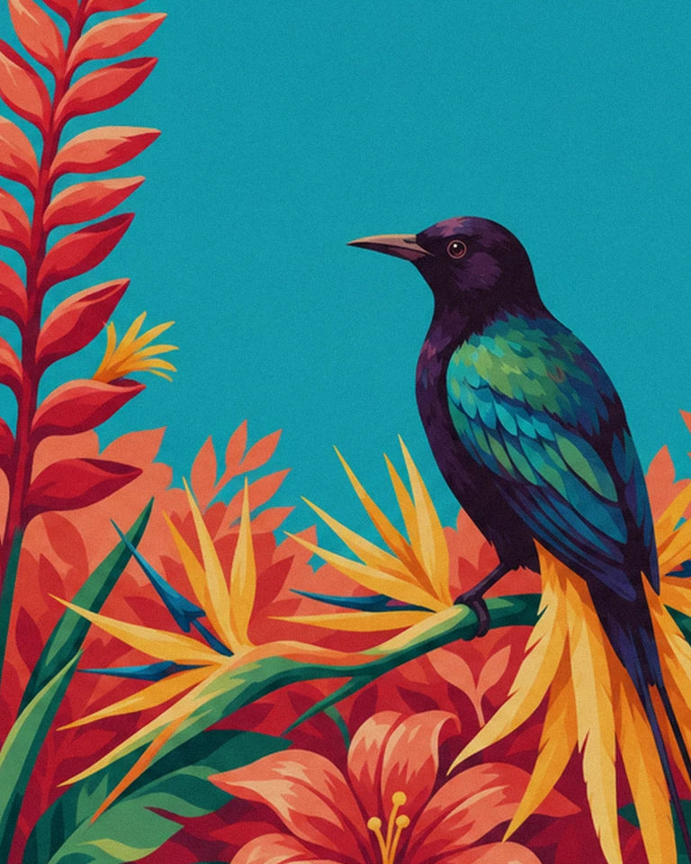 Bird of paradise among tropical flowers poster: close-up detail