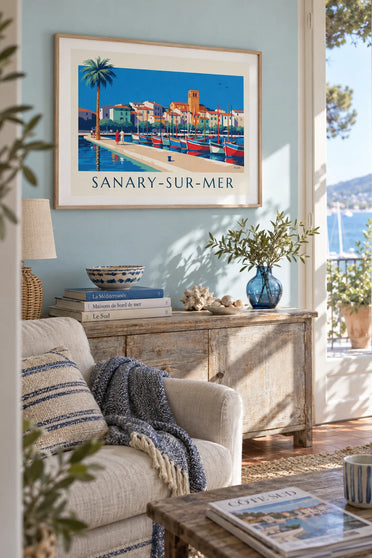 Affiche pointus colorés du port de Sanary-sur-Mer : encadrée au mur