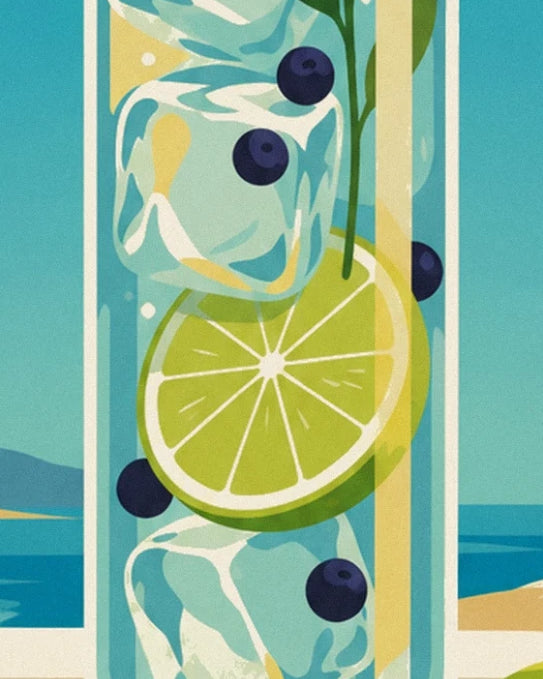 A slice of lime, ice cubes and dark berries in the glass