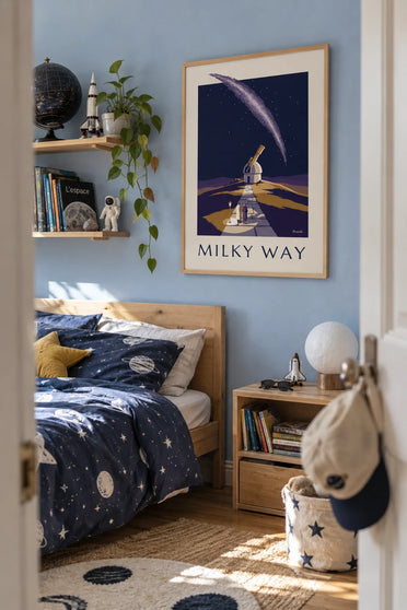Plakat med observatorium og teleskop under Mælkevejen: indrammet på væggen