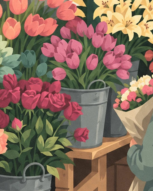 Les tulipes roses, les lys jaunes et les roses rouges sur l’étal en bois