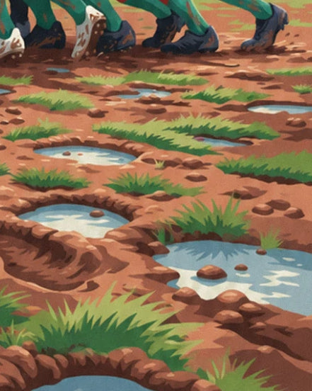 The boots in the reddish mud, between puddles and tufts of green grass