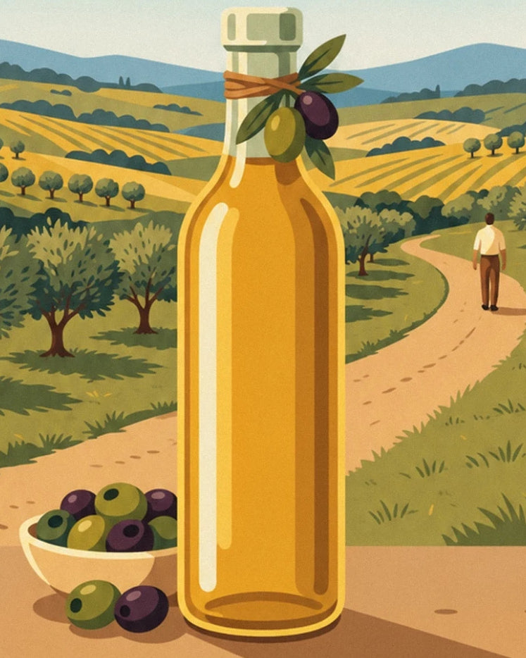 A bottle of golden oil and a bowl of olives in front of fields and olive trees