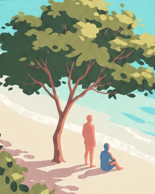 The 2 figures near a tree with dense foliage, on the sand beside the lagoon