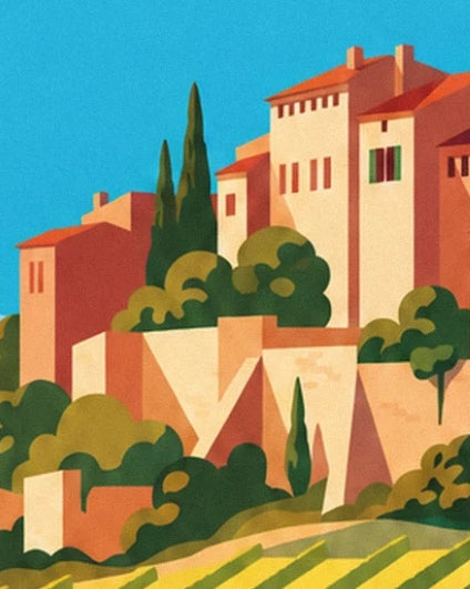 The village’s ochre and cream façades between slender cypresses and lush green gardens