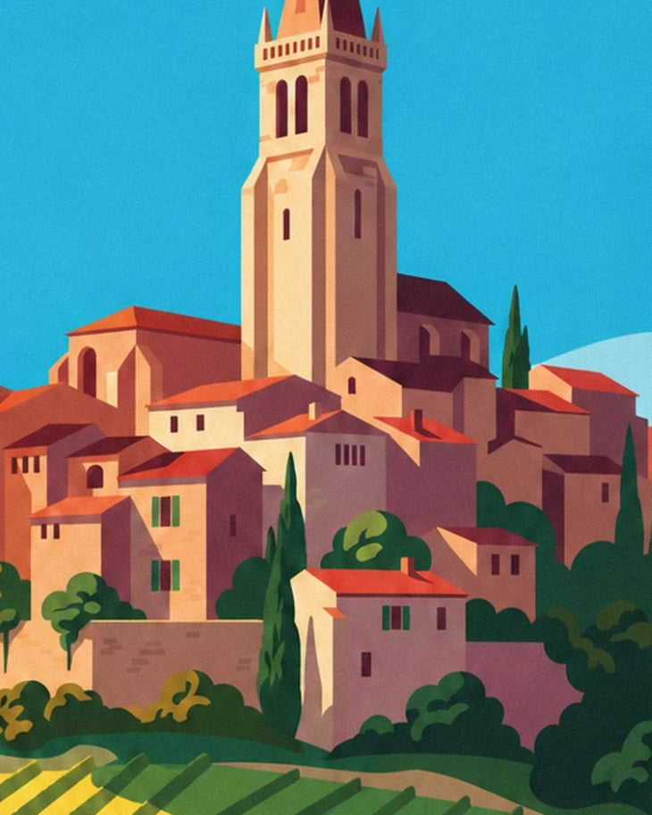 The bell tower of Saint-Émilion rising above houses with red roofs and cypresses